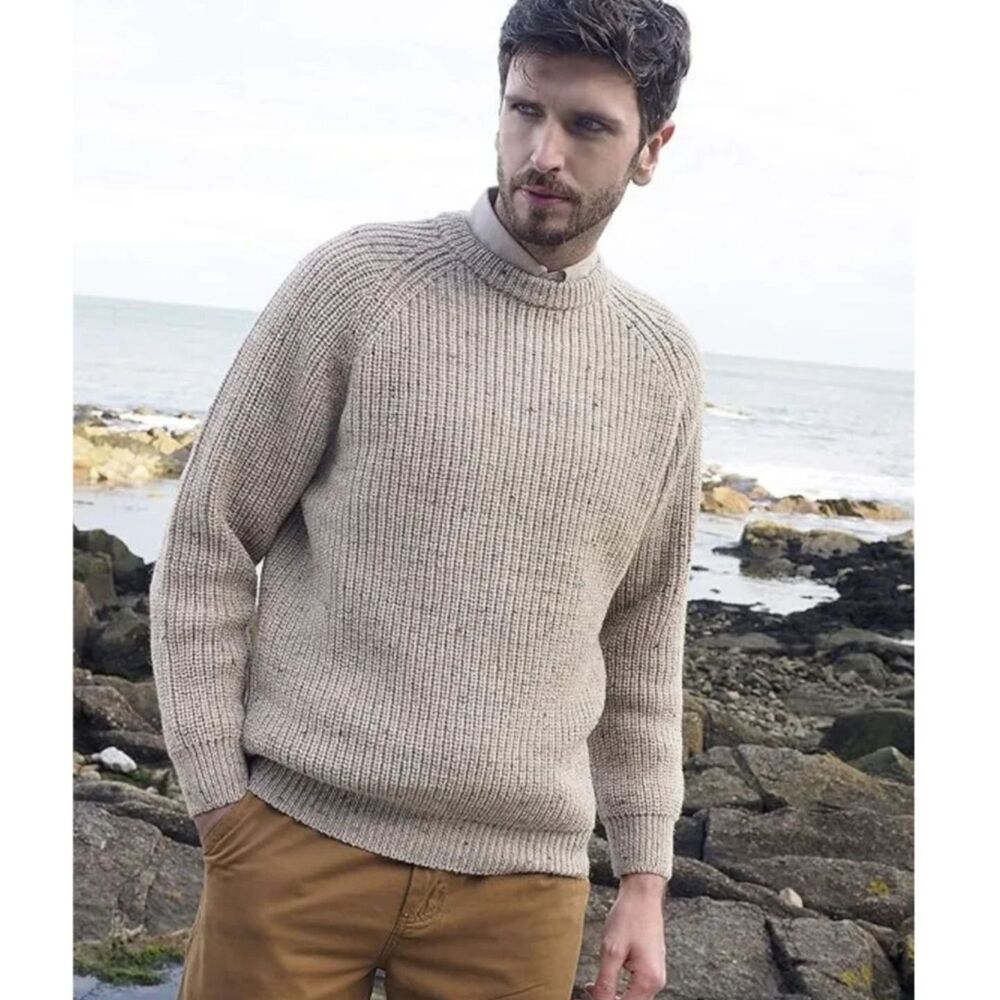 Aran Crafts Men's Fisherman Ribbed Skiddaw Tan Jumper Sweater 100% Wool Sz L